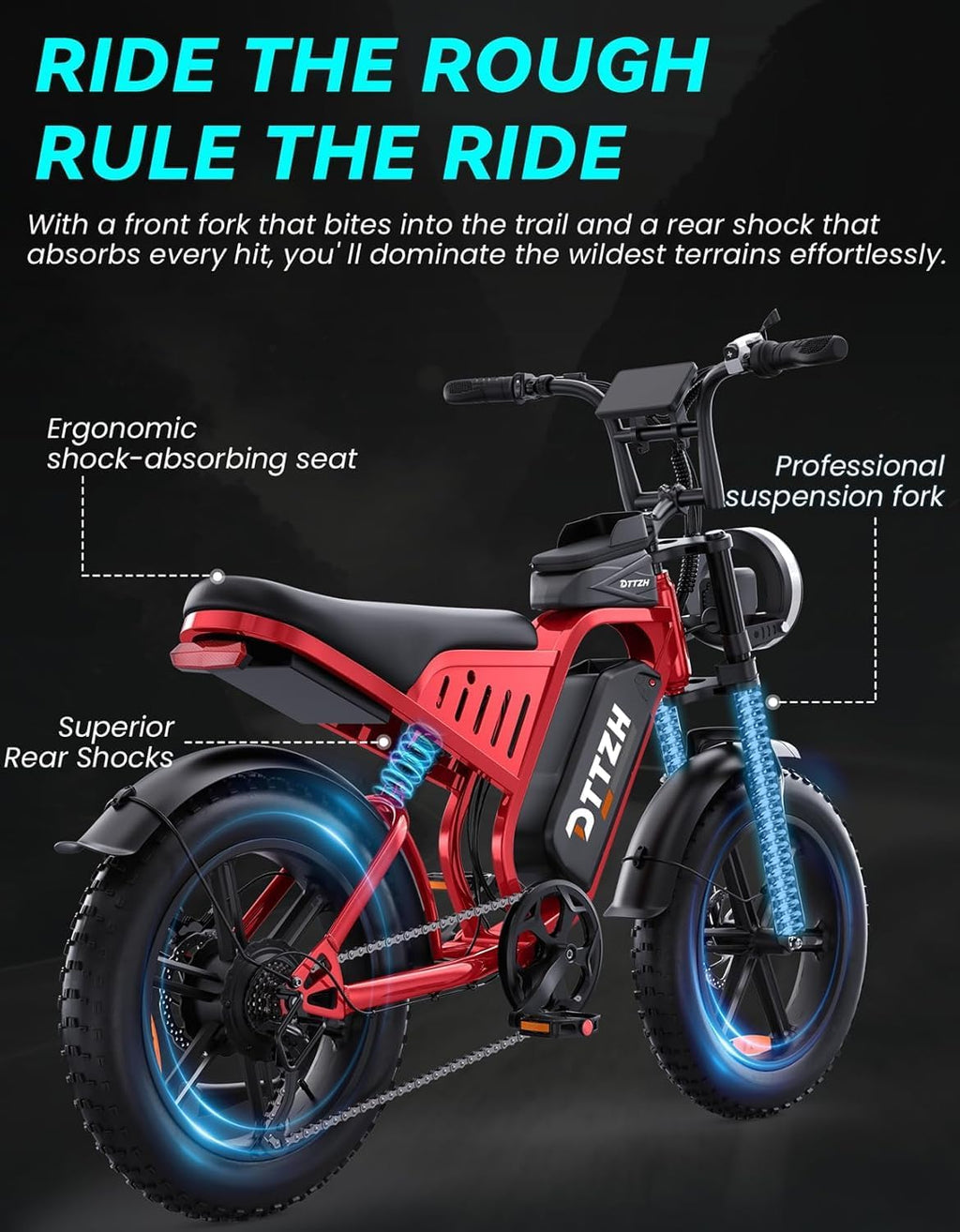 Electric Bicycle with Removable Battery, Dual Suspension, 7-Speed Gears, 20-Inch Fat Tires, LCD Display, Adult Use